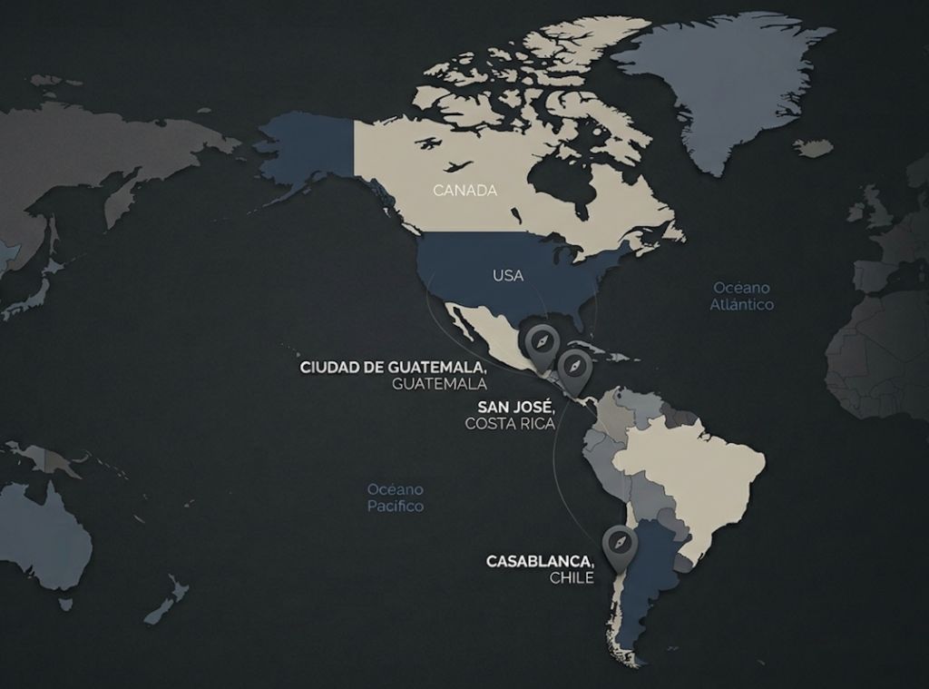 Mapa de presencia regional ALGO ECOSYSTEM — Ciudad de Guatemala, San José Costa Rica, Casablanca Chile
