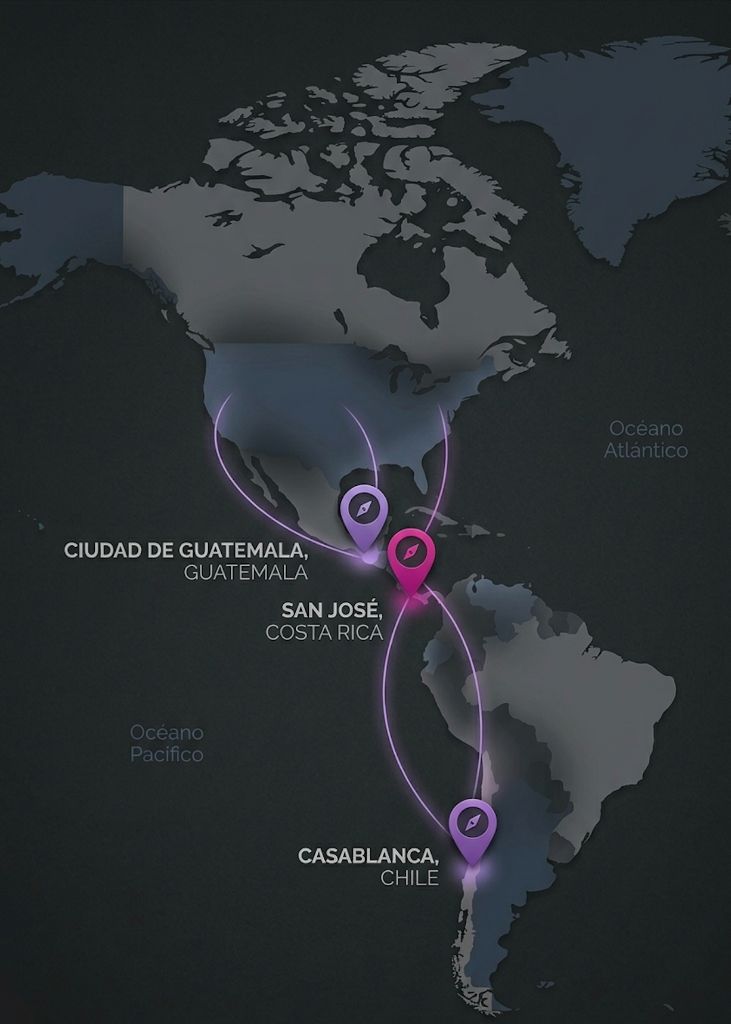 Mapa de presencia regional ALGO ECOSYSTEM — Ciudad de Guatemala, San José Costa Rica, Casablanca Chile